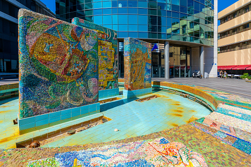 Tel Aviv Yafo, Gush Dan / Israel - 2017/10/11: Little Tel Aviv glass mosaic fountain and installation by Nachum Gutman at 3 Sderot Rothschild Boulevard in downtown Lev HaIr district
