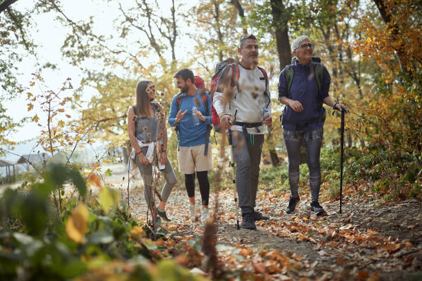istock Couples hiking at the woods 1280339861
