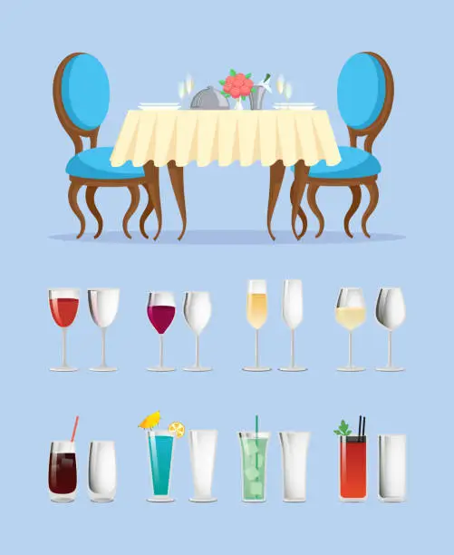 Vector illustration of Restaurant Table and Glassware with Cocktails