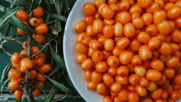 istock Freshly picked sea buckthorn on a plate 1280342275