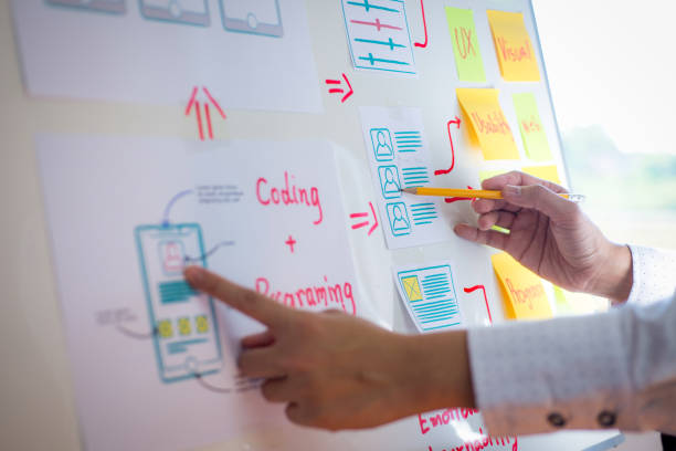 istock Design a creative designer drawing ux web app development for the phone in the office. Concept User Experience 1280347123