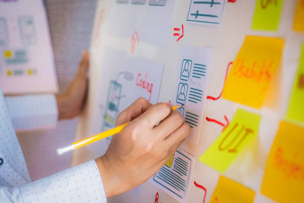 istock Web design work is a creative designer paint UX website development for the phone in the office app concept user experience 1280347185