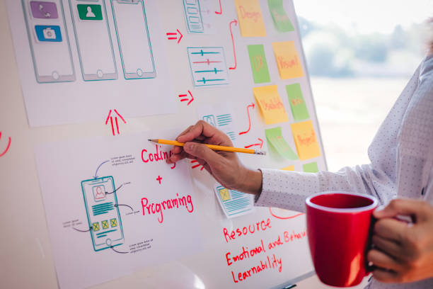 istock Design a creative designer drawing ux web app development for the phone in the office. Concept User Experience 1280347215