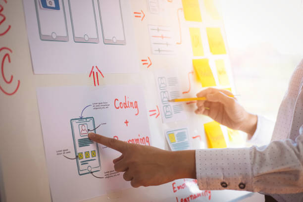 istock Web design work is a creative designer paint UX website development for the phone in the office app concept user experience 1280347216