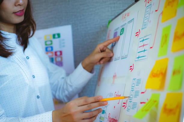 istock Design a creative designer drawing ux web app development for the phone in the office. Concept User Experience 1280347270