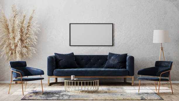 istock horizontal blank poster frames on gray wall mockup in modern luxury interior design with dark blue sofa, armchairs near cofee table, fancy rug on wooden floor, 3d rendering 1280348020
