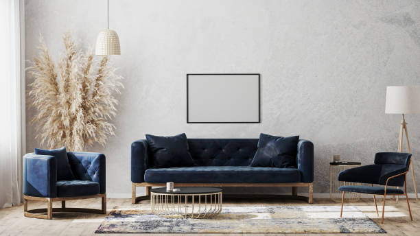 istock horizontal blank poster frames on gray wall mockup in modern luxury interior design with dark blue sofa, armchairs near cofee table, fancy rug on wooden floor, 3d rendering 1280348021