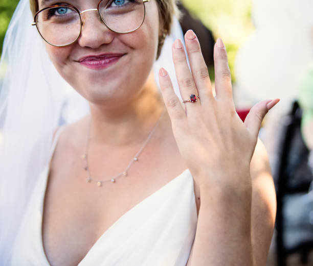 istock Millennial bride showing ring at wedding cocktail in backyard. 1280348423