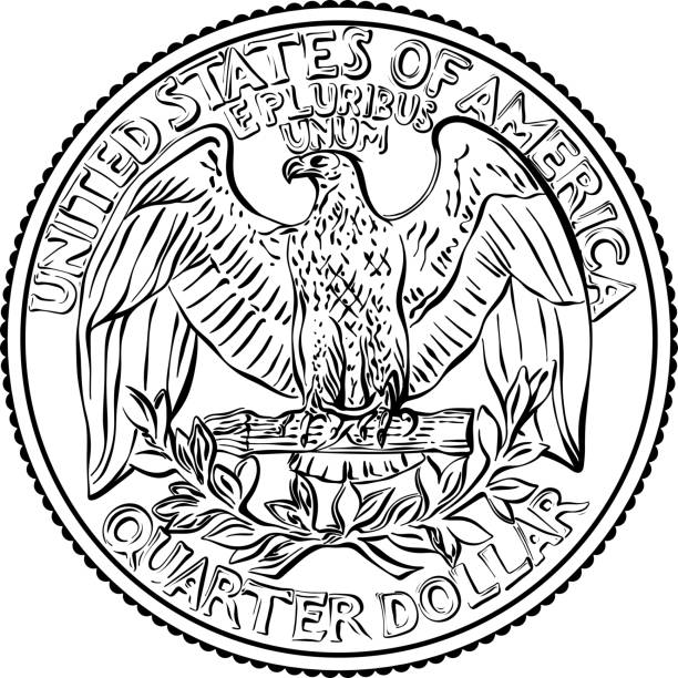 Bald eagle Washington quarter 25 cent coin American money, United States Washington quarter dollar or 25-cent silver coin, the national bird of USA Bald eagle on reverse. Black and white image quarter stock illustrations