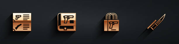 istock Set Weapon catalog, Book with pistol or gun, Buying and Bayonet rifle icon with long shadow. Vector 1280348948