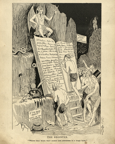Vintage illustration of Satirical cartoon sketch, The damned signing names in Hells register