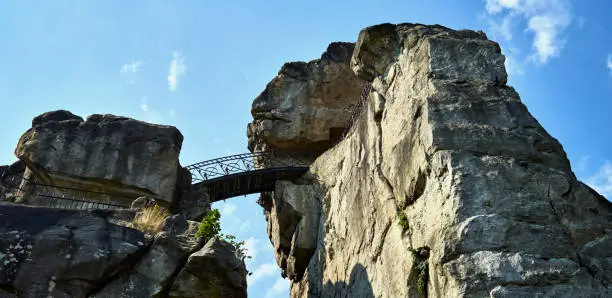 Detail of a bridge for climbers over the Externsteine near Detmold, Germany