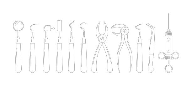 dental-werkzeuge linie kunst-set isoliert auf weißem hintergrund. - handpiece stock-grafiken, -clipart, -cartoons und -symbole