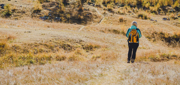 Young woman hiking in Slovenian Alps stock photo