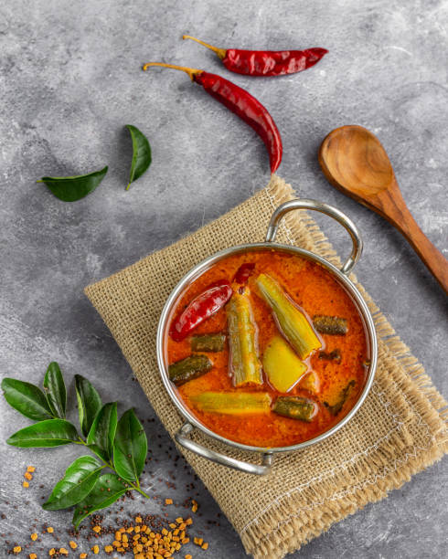 Sambar -  South Indian Lentil Stew with Vegetables and Curry Leaves stock photo