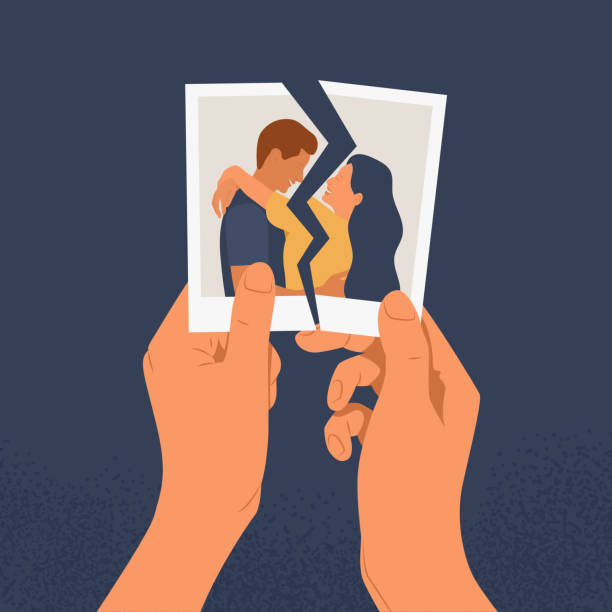 Hands holding a torn photo of a couple in love Hands holding a torn photo of a couple in love. The concept of divorce, separation and broken heart or reconciliation. Flat vector illustration of a relationship crisis on a blue background. broken heart stock illustrations