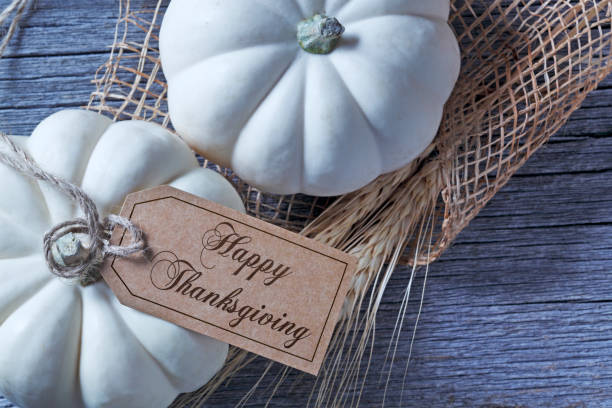istock Happy Thanksgiving Tag Hanging From White Pumpkin 1280360544