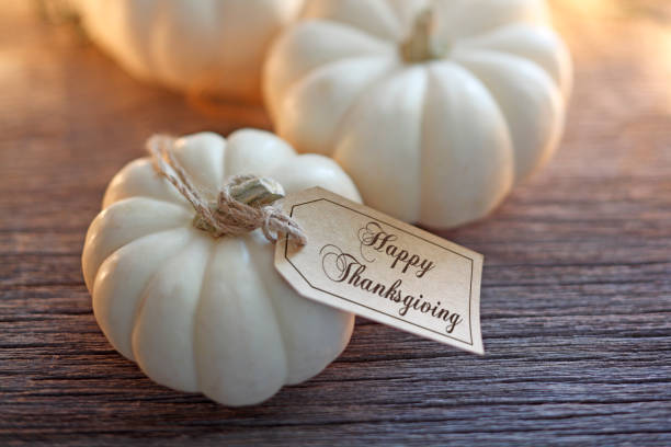 istock Happy Thanksgiving Tag Hanging From White Pumpkin 1280360559
