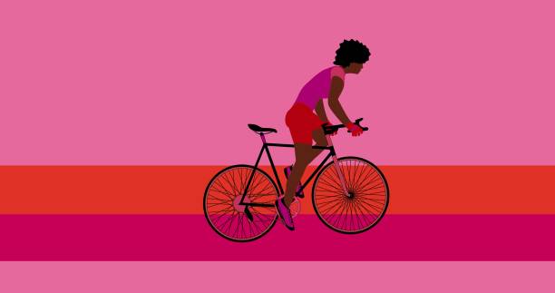istock African American cyclist is riding bicycle on the pink background.Cartoon , flat design 1280360694