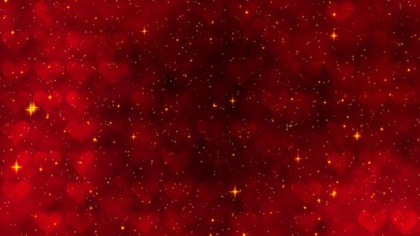 istock Red pattern with golden confetti, stars and red hearts. For St. Valentines Day, Wedding invitation e-card. 3D rendering 3D illustration 1280361138