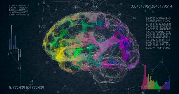 istock low polygonal brain 3D model on black background with animated numbers and diagrams. 3D illustration 1280361770