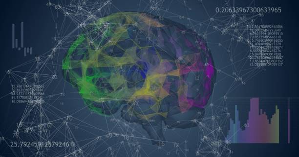 istock Rotating 360 low polygonal brain 3D model on blue background with animated numbers and diagrams. 4k animation 1280361787