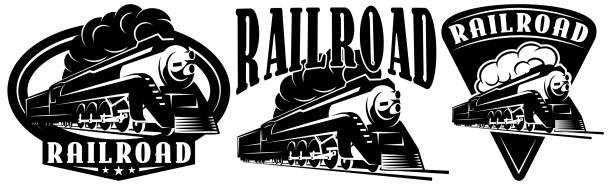 복고풍 기관차. 디자인용 템플릿 집합입니다. 흑백 벡터 일러스트레이션 - train steam train vector silhouette stock illustrations