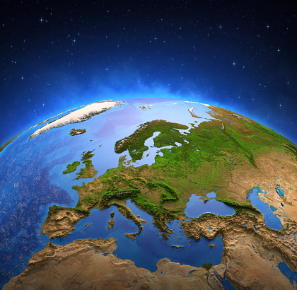 Surface of the Planet Earth viewed from a satellite, focused on Europe. Physical map of European countries. 3D illustration (Blender software) - Elements of this image furnished by NASA (https://eoimages.gsfc.nasa.gov/images/imagerecords/73000/73776/world.topo.bathy.200408.3x5400x2700.jpg).
