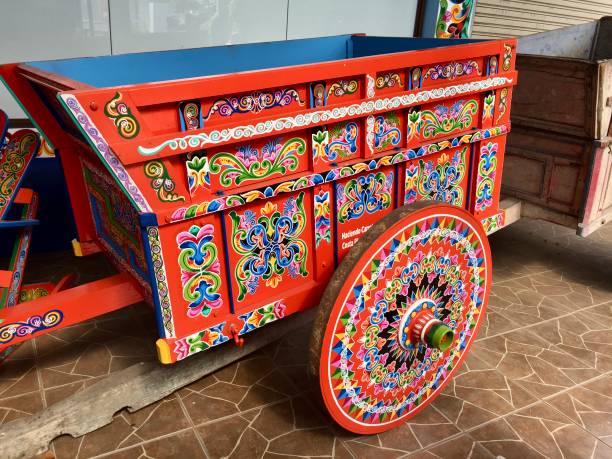 Sarchi Costa Rica 04/15/2017 -Painted Oxcart used for hauling coffee. As Costa Rica’s most well-known crafts center, Sarchi is famous for its colourfully painted oxcarts and oxen yokes