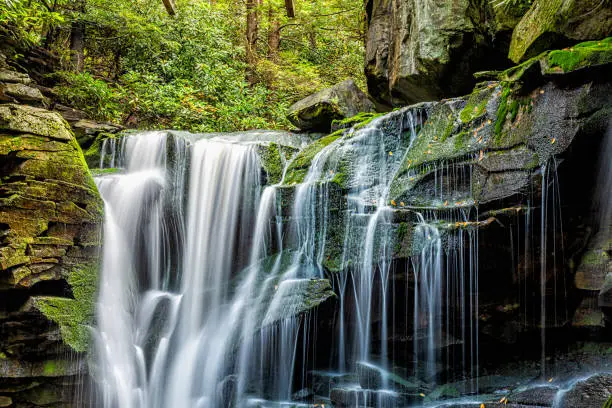 Photo of Blackwater Falls famous Elakala waterfall closeup in State Park in West Virginia during autumn fall season with long exposure of water