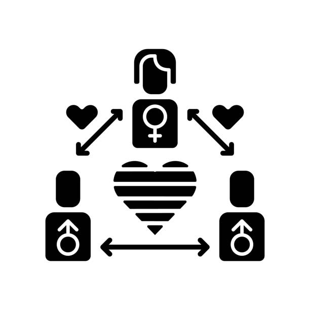 Bisexual life black glyph icon Bisexual life black glyph icon. Loving social rights. Pride parade. Gay relationships. Polyamorous lifestyle. Love triangle. Rainbow symbol. Silhouette symbol on white space. Vector isolated illustration lesbian affair stock illustrations