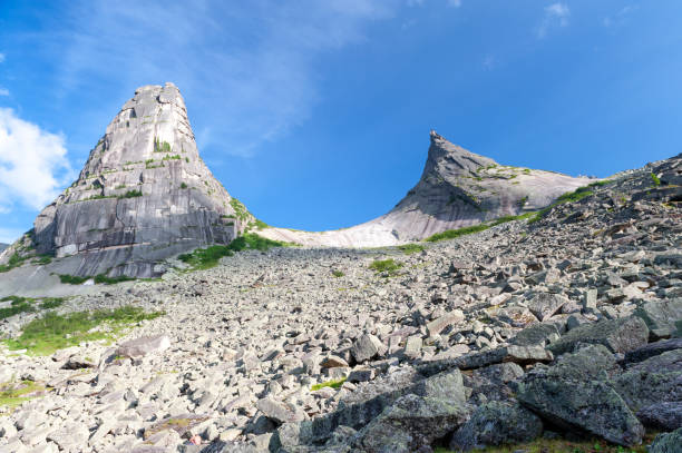 Taiga. Siberia. Day mountain landscape. Parabola