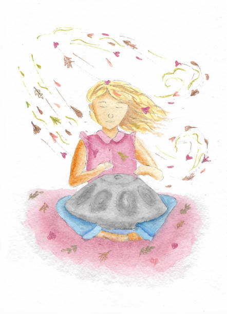 Watercolor illustration of a hang drum. Girl playing on hang drum. Wind and leaves.