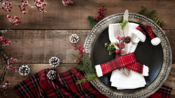 istock Holiday Christmas Dining Plate on an Old Wood Table 1280372297