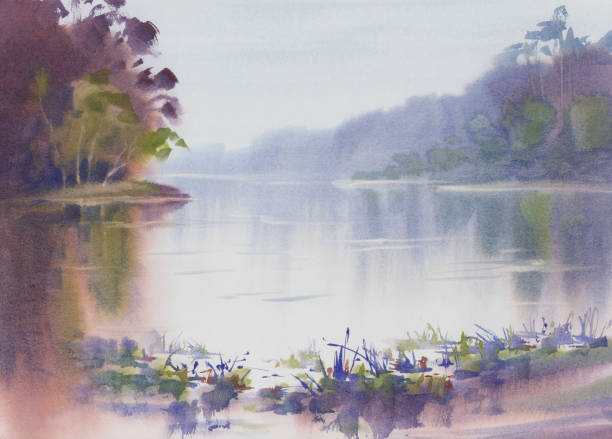 istock Morning mist by the lake with ships in autumn watercolor background 1280374547