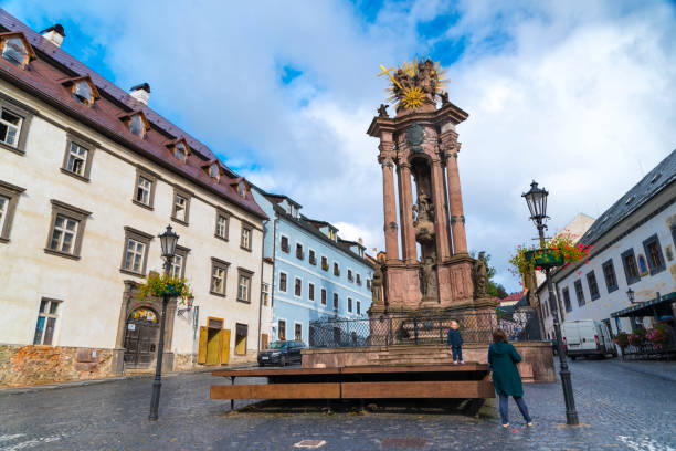 View of the Plague Column of the Holy Trinity, in the historical center of Banska Stiavnica This baroque style memorial was built to commemorate the end of the plague of 1710-11, which took the lives of half of the inhabitants of the Slovak city.
