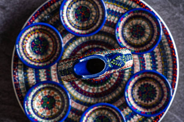 istock Handmade Ceramic Hittite Wine Vessels Jar Handcrafted / Handicraft with Traditional Pattern on Dark Surface and Backround. 1280375842