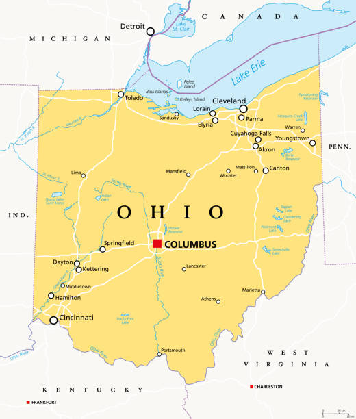 Ohio, OH, political map, The Buckeye State, The Heart of It All Ohio, OH, political map. State in East North Central region of Midwestern United States of America. Capital Columbus. The Buckeye State. Birthplace of Aviation. Heart of It All. Illustration. Vector. michigan maryland stock illustrations