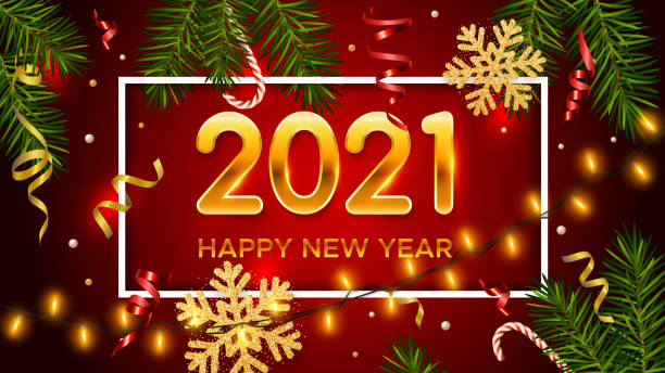 istock New Years background. Holiday background with golden numbers 2021, realistic pine branches, glitter gold snowflakes and tinsel. New Years and Christmas poster, greeting card, banner 1280377392