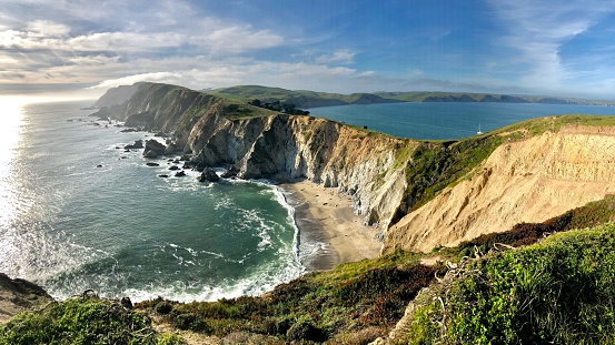 View of the California coastline along the Point Reyes National Seashore at Chimney Rock trail and Drakes Bay.