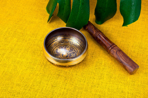 istock Tibetan singing bowl with monstera leaf 1280377718