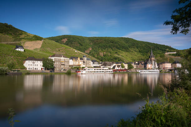 Bernkastel, Germany - June 19, 2020: Panoramic image of Bernkastel close to the Moselle river at sunset on June 19,2020 in Germany