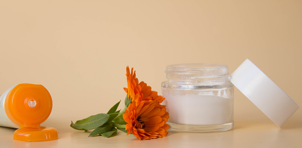 Calendula cream and fresh marigold flowers. Glass jar of cosmetic cream with natural herbs.
