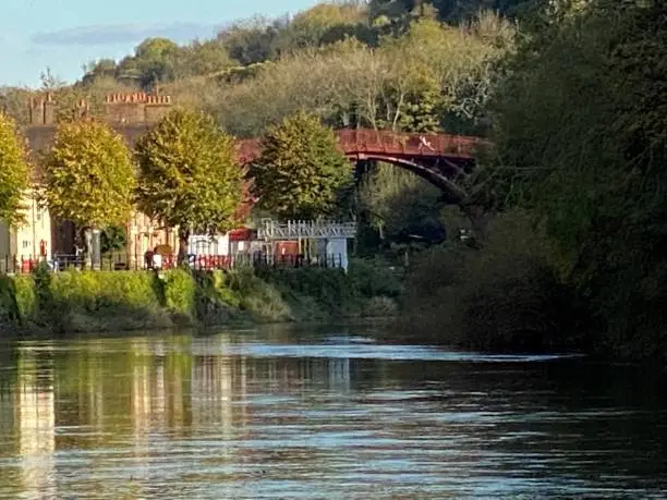 A view of Ironbridge in Shropshire on a sunny Autumn day