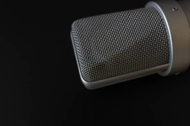 istock Metal microphone close-up on a dark background 1280381436
