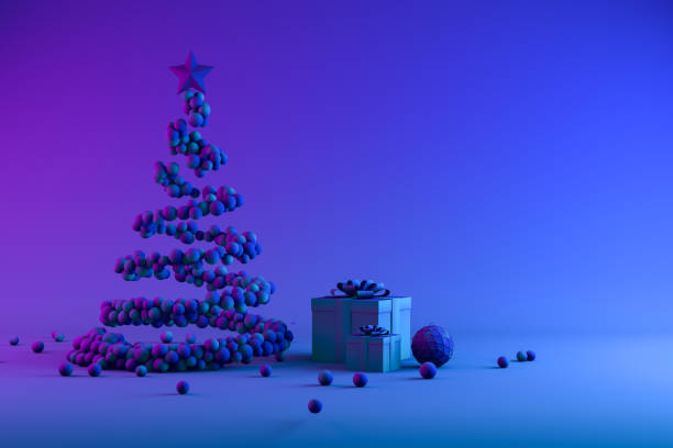 Christmas Tree with Spheres, Neon Lighting, Minimal New Year, Christmas Concept