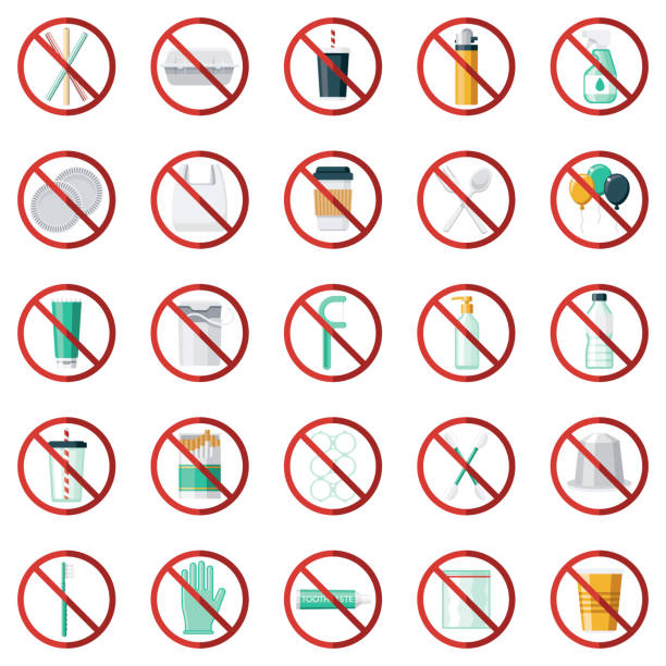 illustrazioni stock, clip art, cartoni animati e icone di tendenza di set di icone ban single use plastics - take out food nobody disposable cup coffee