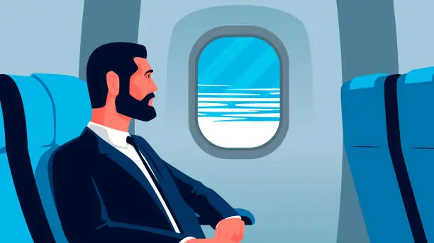 Vector illustration of Vector flat illustration of a businessman on the plane looking out the window. Bearded man in suit on business trip by first class flight. Person aboard plane looking through the window at the clouds