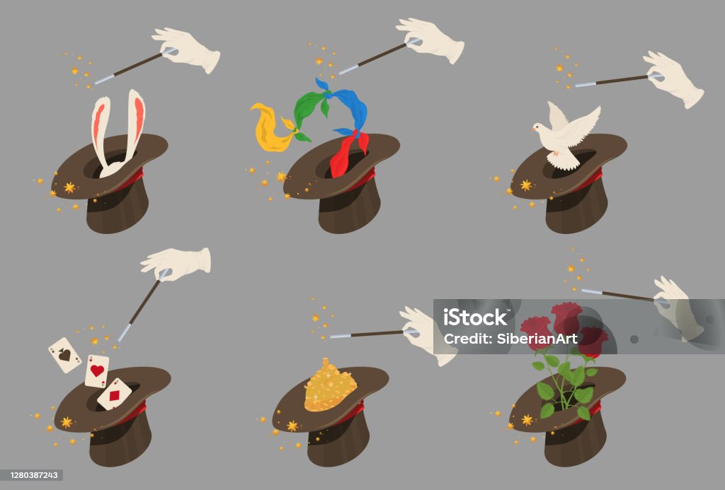 Random Magic Hat Magician Hat Set Flat Vector Isolated Illustration Illusionist Top Hat ...