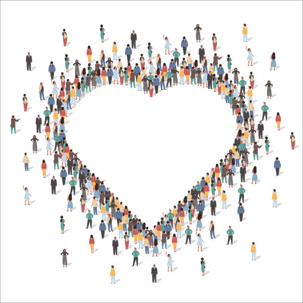 Large group of people forming human heart shape frame, flat vector illustration. Love, appreciation, social community. Large group of people forming human heart shape frame standing together, flat vector illustration. People crowd gathering. Love, appreciation, social community. crowd of people borders stock illustrations